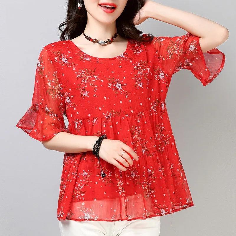 Chiffon Shirt Short -sleeved Large Size Women's Shirt Floral Loose T-shirt Round Neck Shirt