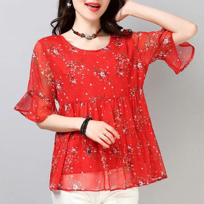 Chiffon Shirt Short -sleeved Large Size Women's Shirt Floral Loose T-shirt Round Neck Shirt