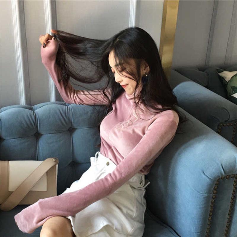 Women winter Embroidered Slim long sleeve turtleneck pullover warm Velvet thick sweater base shirt