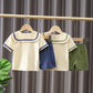 Children's Suit Summer Thin Boys and Girls Casual Navy Shirt Pocket Button Stripe T Shirt Two Piece Set