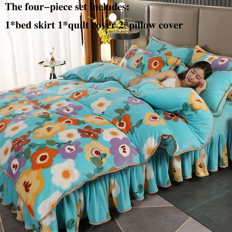 Milk Velvet Four-piece Suit Plus Velvet Thickening Soft Skin-friendly Bedding Double-sided Velvet Bed Skirt Is Resistant To Dirty Winter