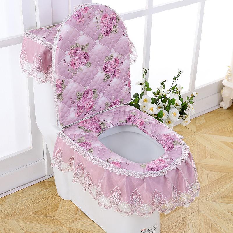 Chenille Toilet Three-piece Set Garden Lace Fabric Zipper Toilet Seat Cushion Toilet Seat Cover Ring Cover