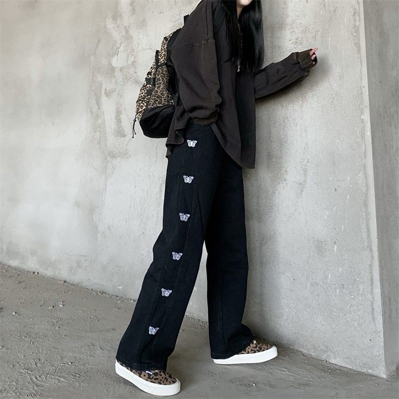 WTEMPO Butterfly Print Women's High Loose Casual Washed Denim Waist Wide Leg Pants Straight-leg Pants Super Long