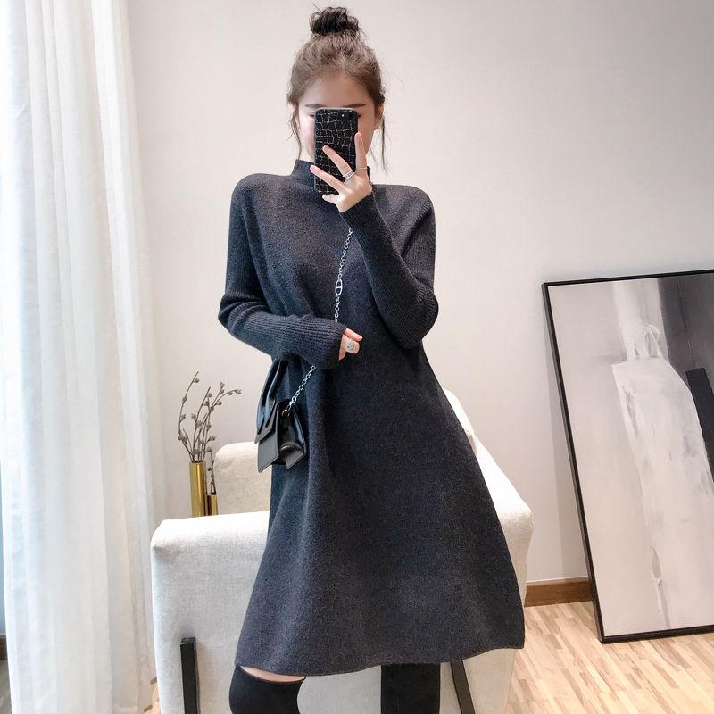 Autumn and Winter Mid-length Casual Sweater Half High Neck Thick Pullover Blouse Knitted Loose Women Sweater Dress