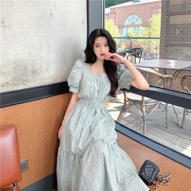 Women's French Retro Style Orange Dress with Puff Sleeves Square Collar Waist Waist Slim Dress