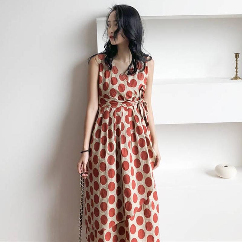 Summer Dress Women Vintage Dress Casual Polka Dot Print A-Line Party Dresses Sleeveless Long Dress