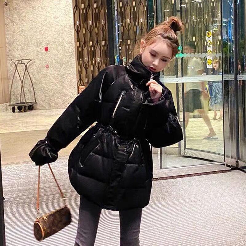 Jacket Women's Fall/winter Down Cotton Jacket Loose Korean Mid-length Section Waist Thickened Bright Silk Cotton Jacket Winter Thick Coat Cute