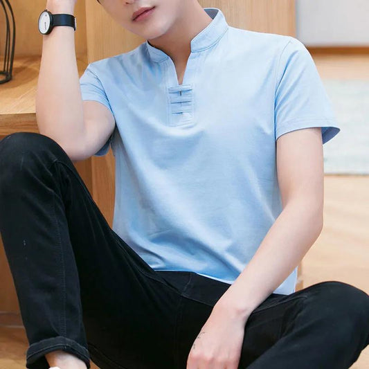 Summer Men's Cotton Short Sleeve T-Shirt Summer Body Slim Shirt Top Short Sleeve Solid Color Versatile Summer Top