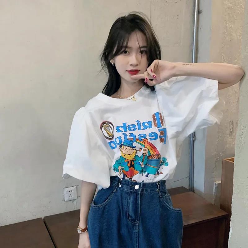 Short Sleeve T-Shirt Women Summer Print Round Neck Puff Sleeve Top