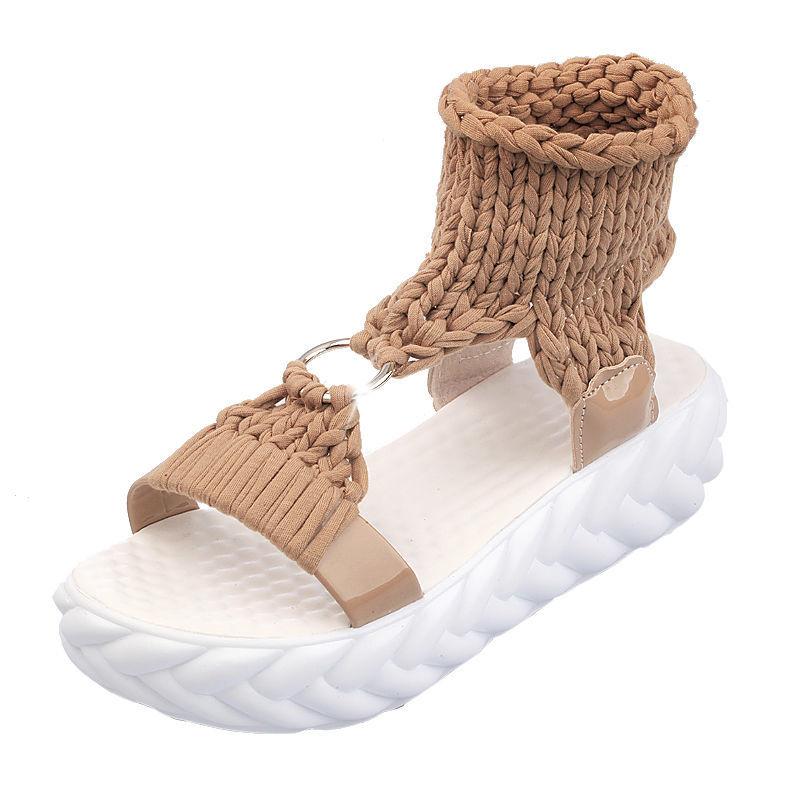 Sandals Female Fairy Style Summer Wool Woven Round Buckle Large Size Wild Platform Platform Roman Women's Sho