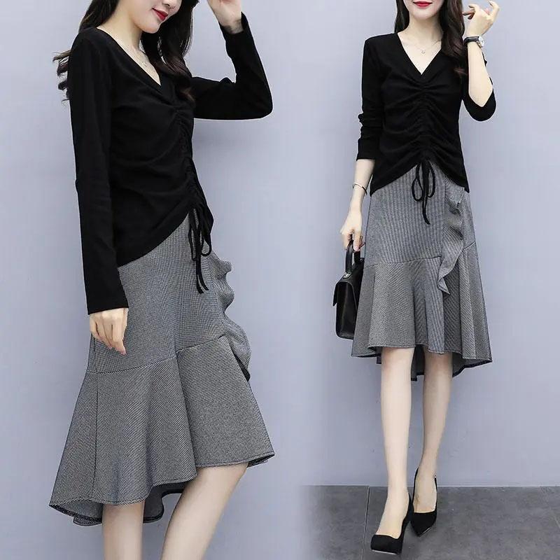 Large Size Women's Skirt Set V-neck Pleated Long-sleeved Top Irregular Ruffled Fishtail Skirt Two-piece Set Spring and Summer Casual Suit