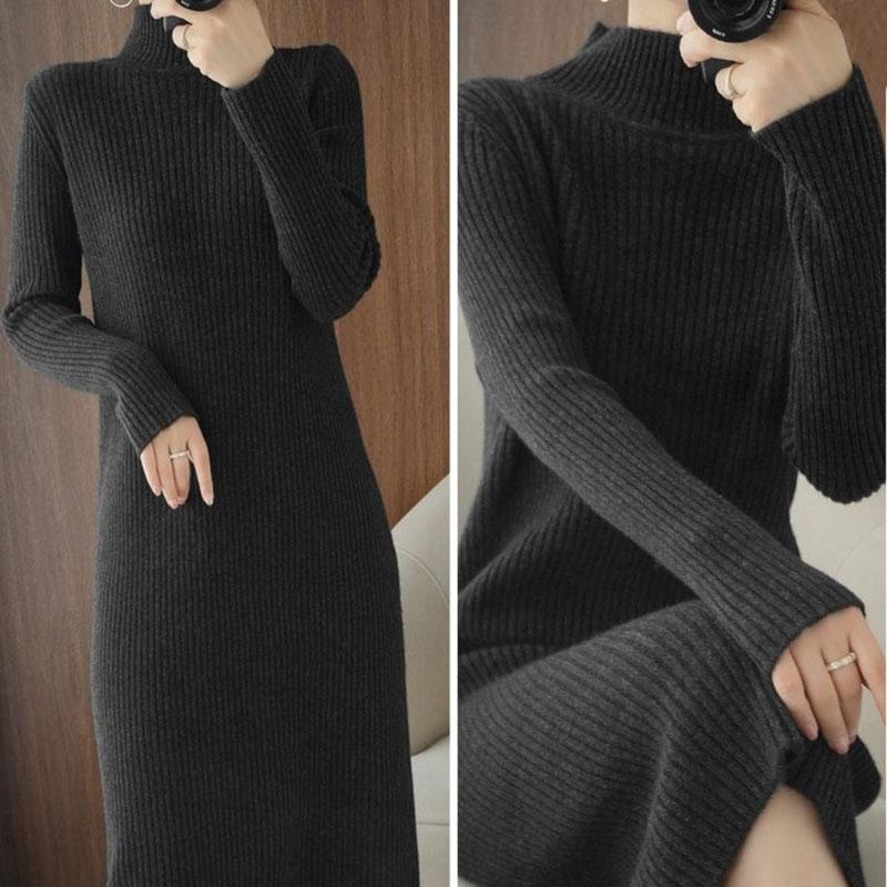 Sweater Dress Women's Half Turtleneck Pullover Knitwear Mid-length Over The Knee Loose Top Trending Sweater Dress Autumn Winter