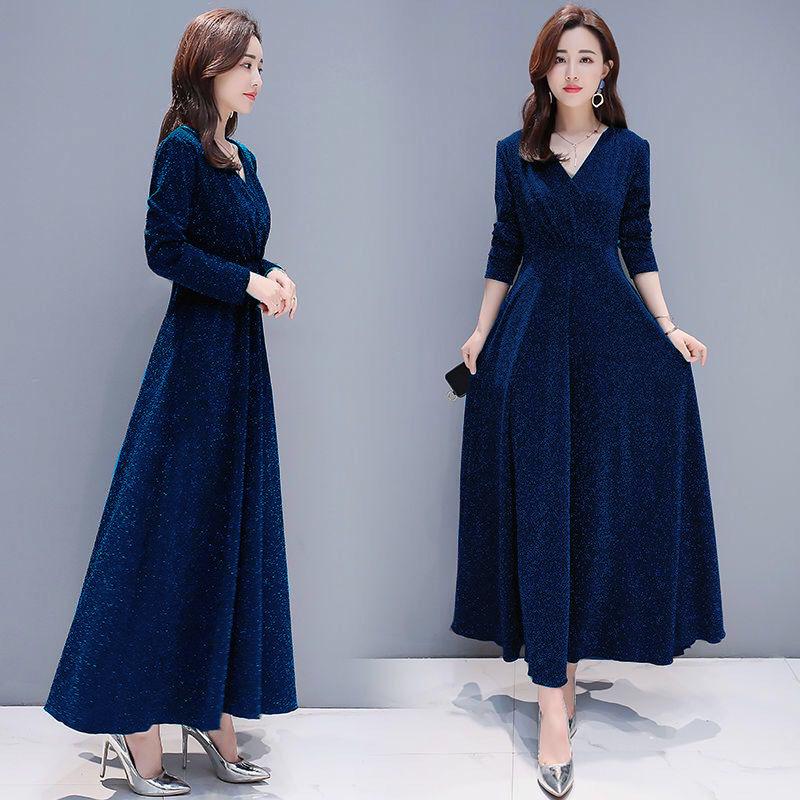 Women Elegant Bright Silk  Dress V-Neck Female Casual Solid Long Sleeve Pleated Vintage Dress