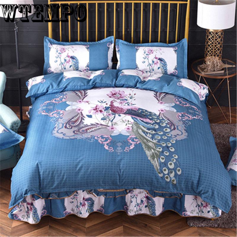 Cotton Lace Fabric Luxury Flower Wedding Bed Skirt Pillowcase King Queen Size Bedding Sets