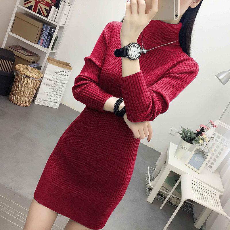 Turtleneck Sweater Women's Mid-length In The Fall and Winter Knit Dress Slim Thick Base Sweater Dress