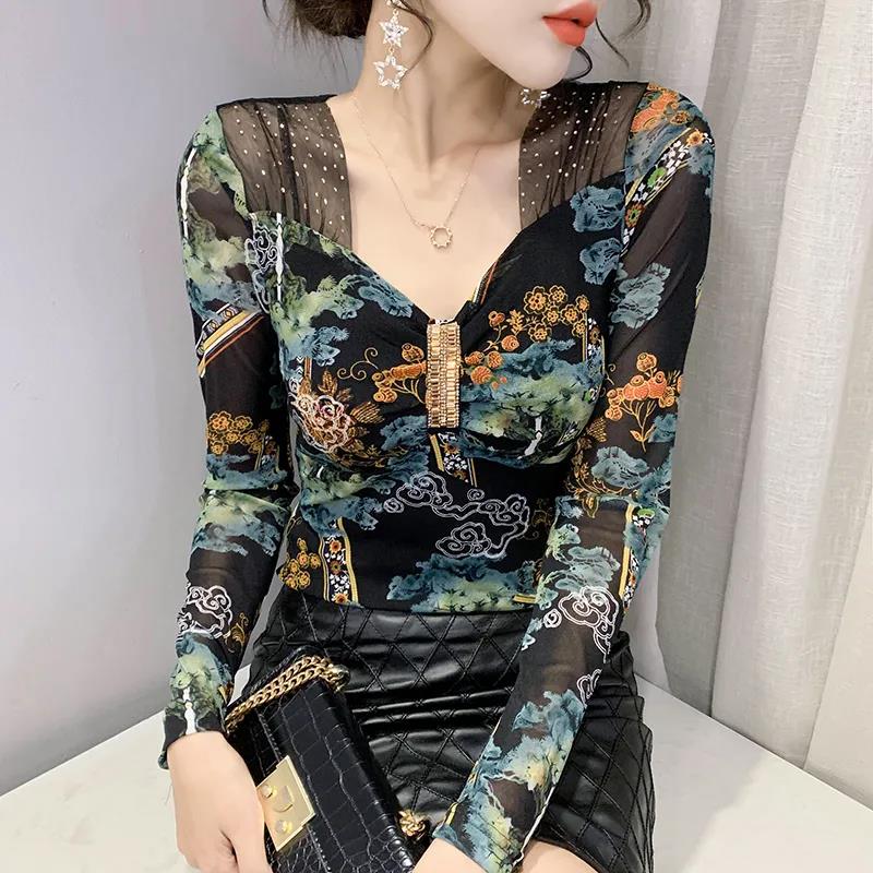 Women's Sexy Mesh Long Sleeve Bottoming Shirt V-Neck Diamond Slim Fit Bright Silk Top