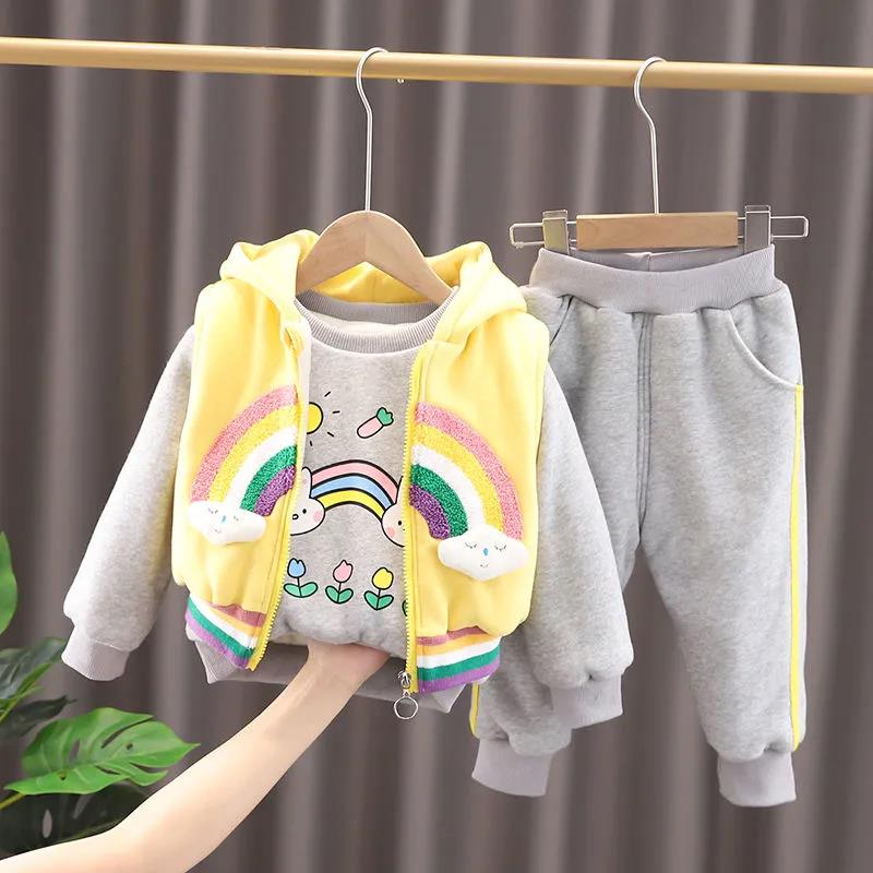Girls' Fall Winter Three-piece Suit with Velvet and Thickening Baby and Children Sweater Baby Girl Printing Rainbow Style Winter Cotton Dress