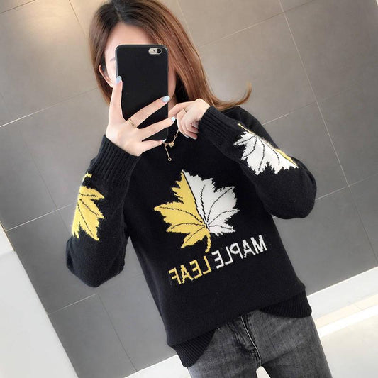 Autumn Winter Women Sweater Half Turtleneck Maple Leaf Knitted Jumper Top Casual Warm Femme Sweater