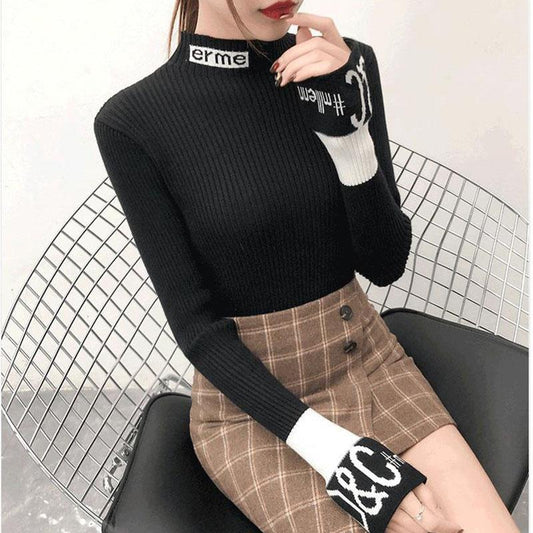 Autumn and Winter Slim Knit Bottoming Shirt Casual Flared Sleeve Sweater Simple Sexy Female Top