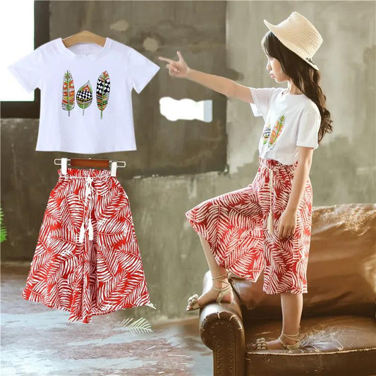 Girls' Summer Fashionable Suits Big Kids Children's Clothes Western Style Wide-leg Pants Printed Two-piece Suit
