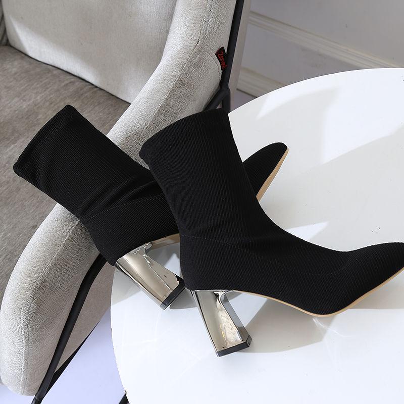 Thick -Heeled High -Heeled Boots Women 'S Wild Black Pointed Toe Boots Stretch -Knit Medium Tube Martin Boots