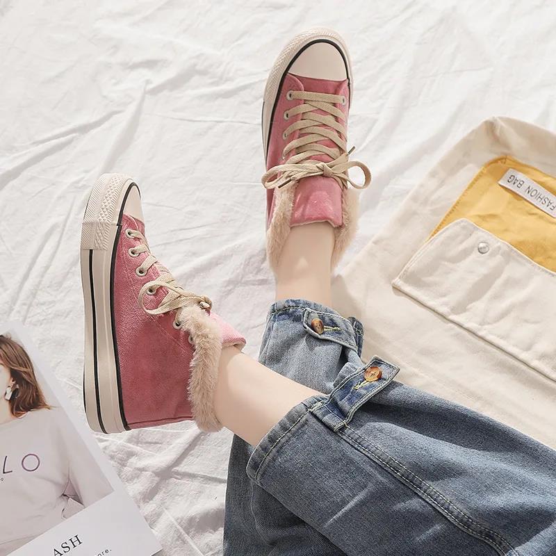 Winter Cotton Shoes Women Korean Version of Wool Shoes Warm and Velvet Thick High-top Canvas Shoes