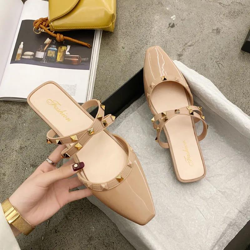 Office Ladies Summer Autumn Large Size Non-slip Baotou Slippers Women's Spring Solid Color Low Heel Rhinestones Single Shoes