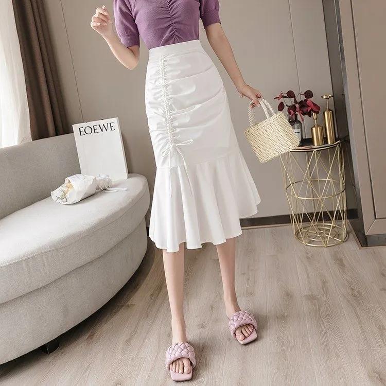 Women's Bow Knot Pleated Fishtail Skirt Irregular Solid Color All Match Professional Office Short Skirt