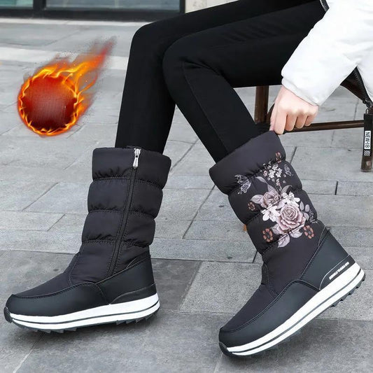 Snow Boots Women's Thick Winter Waterproof Non-slip Warmth and Velvet Cotton Shoes Mid-to-high Boots