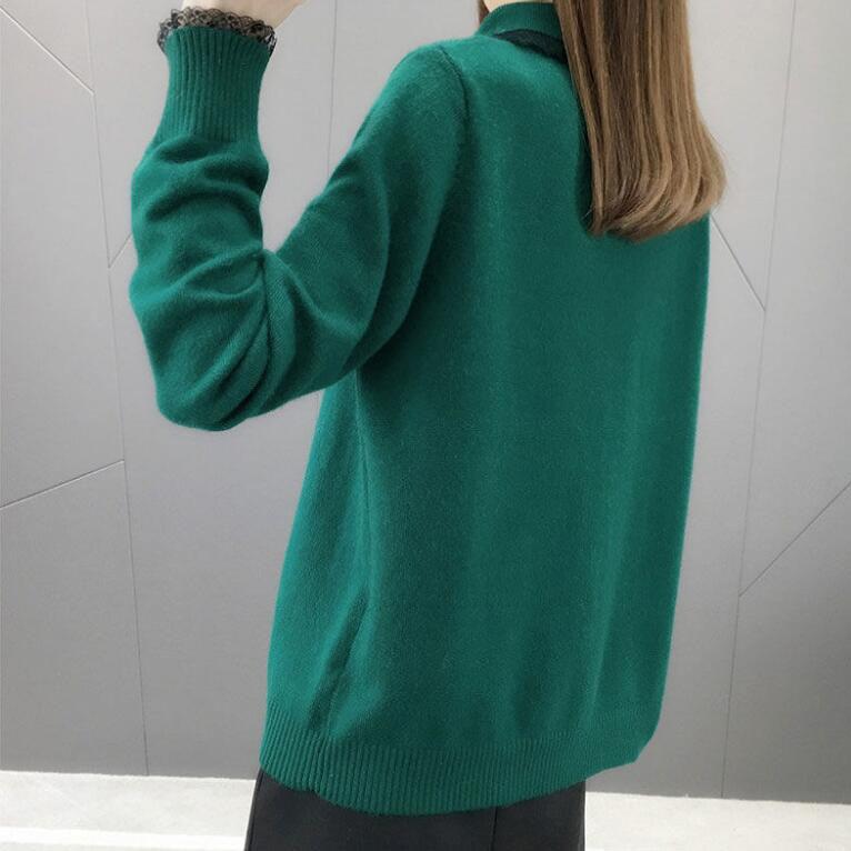 Women Sweaters Pullovers  Autumn Winter Lace Turn-down Collar Knit Sweater Fmeale Jumper Women Knitwear