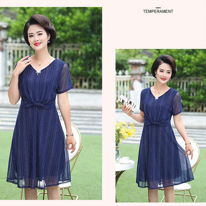 XL-XXXXXL Women's Summer Dress Middle-aged Mother Chiffon Veil Short Sleeve V-Neck Printing Mid-length Daily Wear
