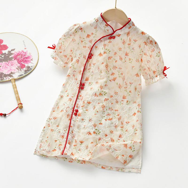 Children's Girls Skirt Summer Dress Little Girl Dress Chinese Style Classical Chiffon Floral Embroidery Cheongsam Skirt