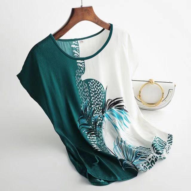 Ice Silk T-shirt Women's Summer Middle-aged and Elderly Mother's Dress Western Style Plus Size Printing Short-sleeved Loose Top