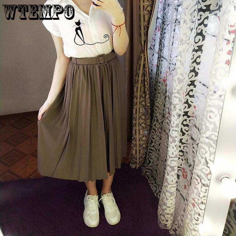 Skirt+Belt Female Pleated Skirt Euro-American Women's Fashion Pure Colored  Loose Half-length Skirt
