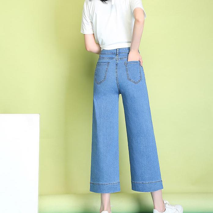 Women Summer Large Size High Waist Wide Leg Casual Pants Loose Elastic Waist Solid Color Cropped Pants