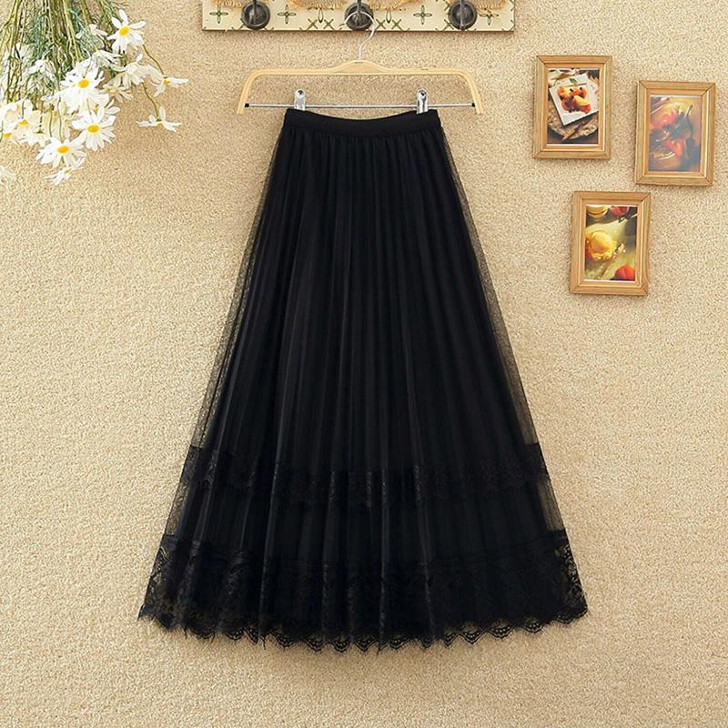 Golden Velvet Yarn Skirt Woman's Mid-length Elastic Waist Printed Lace High Waist A-line Skirt Pleated Skirt School Work Travel