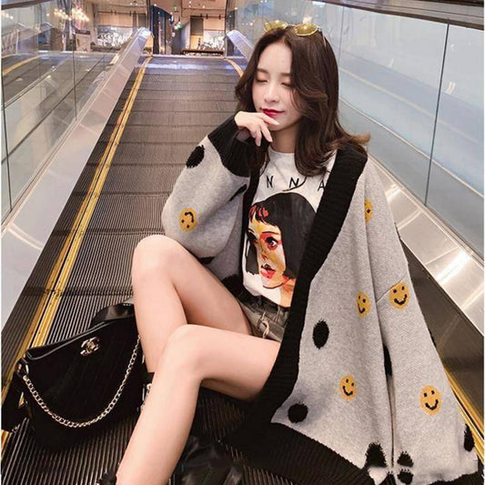 Cardigan Women V-Neck Sweater Smiley Face Cardigan Women Long Sleeve Loose Versatile Sweater Jacket