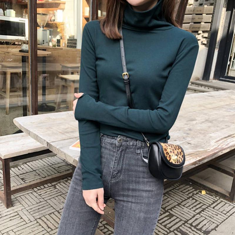 Pofulove Warm Sweater Turtleneck Bottoming Shirt Women Winter Plus Velvet Solid Slim Thicken