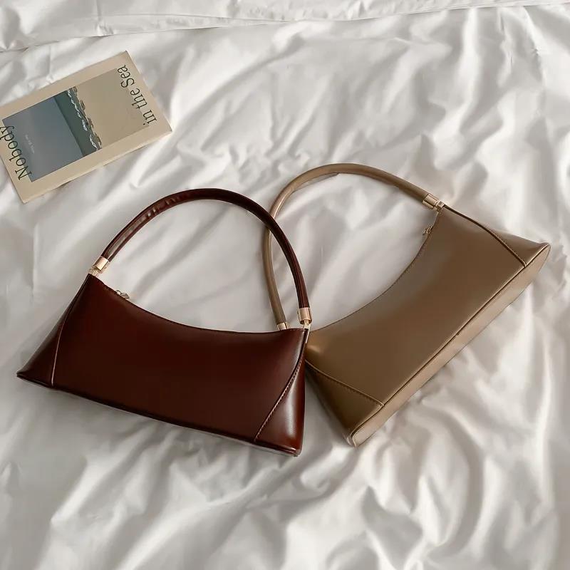 Lady Simple Glossy Elegant baguette Bag PU Leather Armpit Bag for Women Shoulder Handbags