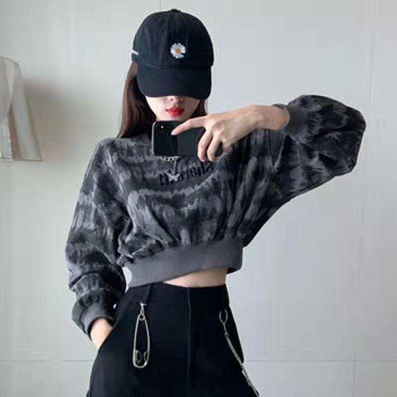 Women's Retro Tie Dye Sweater Loose Thin Lazy Style Short Long Sleeve Top Cropped Navel Statement Top Athletic Girl Pullover Dark Sweatshirt