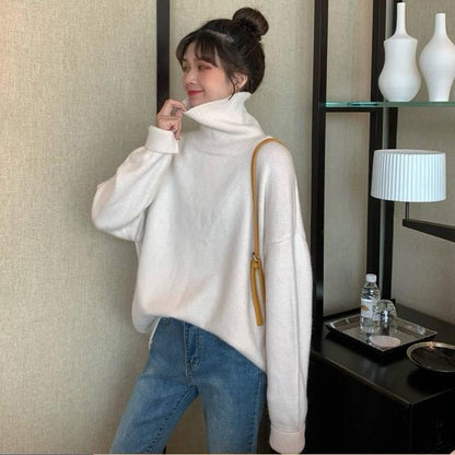 Pofulove Winter Warm Thick Turtleneck Sweaters Girl Student Loose Pullover Solid Color Coat Sweater