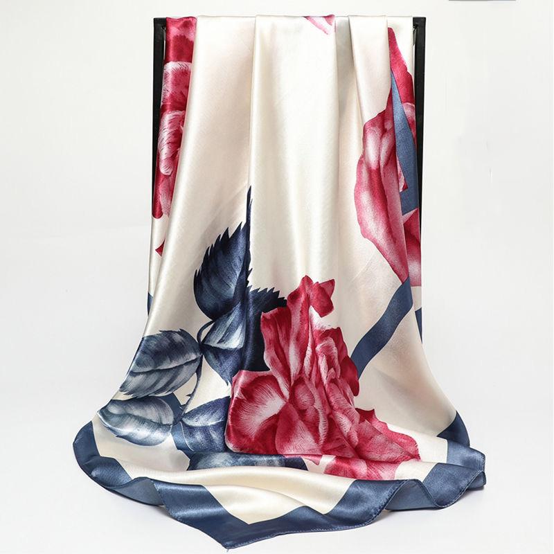 Flower Wrap Shawl Square Silk Imitation Satin Women Elegant Scarf  All-match Headscarf Sunscreen Gauze Shawl