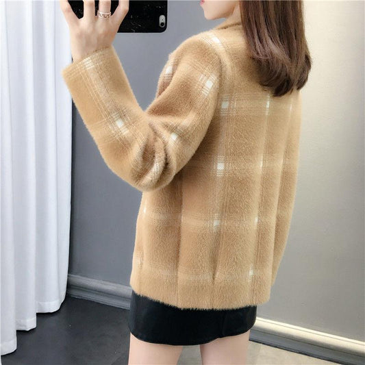 Autumn and Winter Popular Short Coat Long Sleeve Lapel Loose Sweater Plaid Knitted Coat All-match