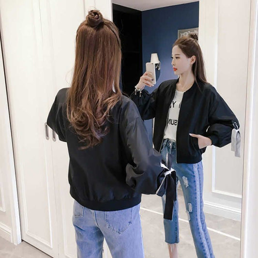 Short Thin Coat Bow Cuff Tie Women's Spring and Summer Loose Baseball Jacket Solid Color Windbreaker Jacket