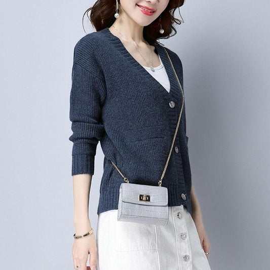 Autumn and Winter Loose Sweater Thick Knitted Cardigan Jacket Short Solid Color Women's Top