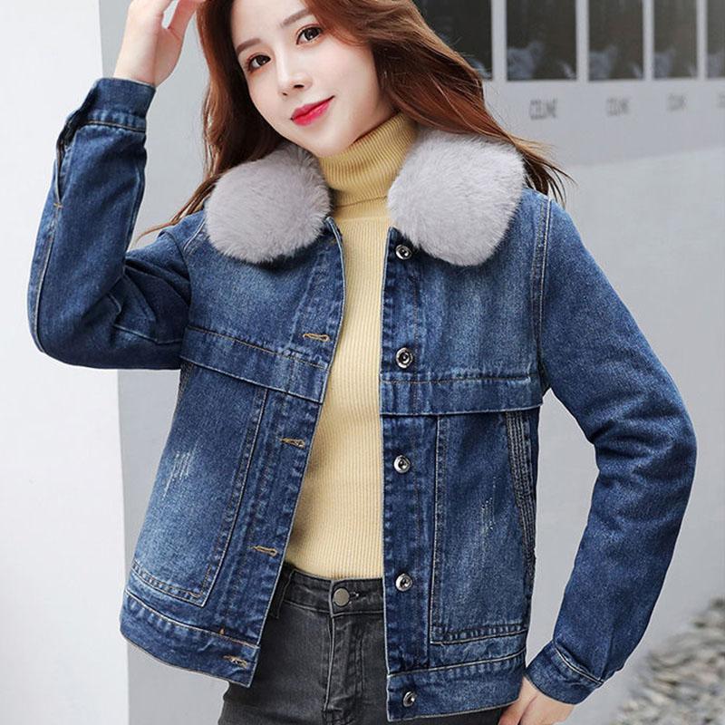 Women's Denim Jacket with Detachable Liner Plus Velvet Padded Winter Coat Loose Denim Cotton Coat Women