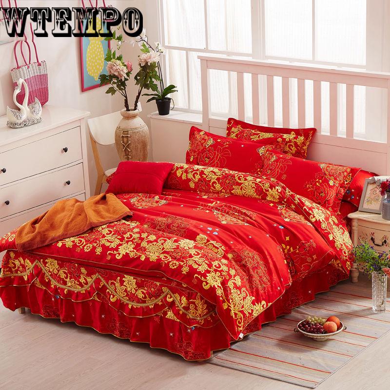 Cotton lace Luxury Flower Wedding decoration Bed skirt for King Queen size bedding sets