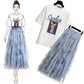 Summer Elegant Skirt Suit Print T-shirt Irregular Mesh Skirt Two-piece Suit Skirt Set