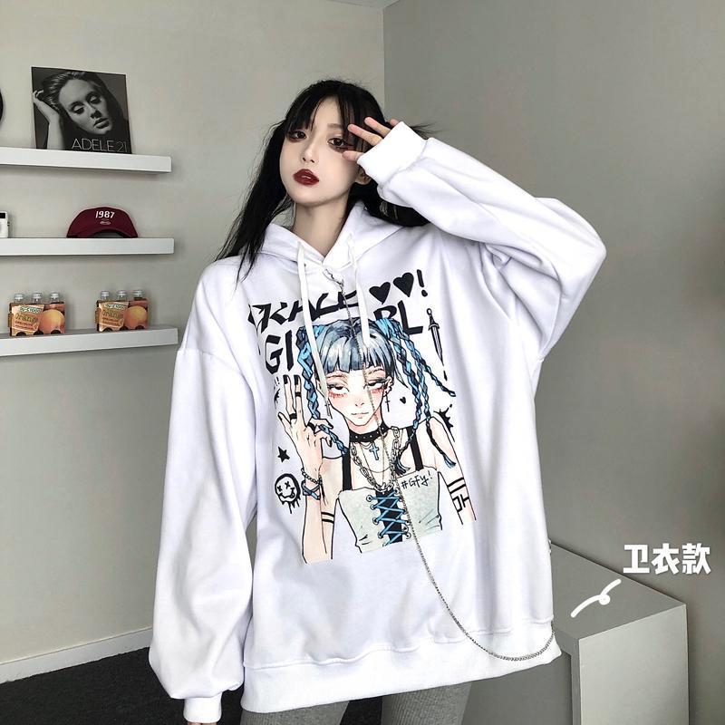 Punk Gothic Hoodies Black White Anime Printed Fashion Japanese Style Pullover Sweatshirts with Chain Girl Hip Hop Hipster Tops Fleece Thick Winter