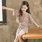 Girls' Summer Suits Leopard Print Middle and Large Children's Clothes T-shirts, Shorts Cotton Two-piece Student Suits